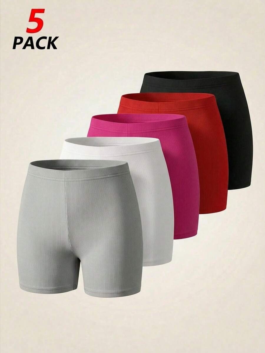 5pcs/Set Girls' Solid Color Leggings, Comfortable Fitted Short Design, Suitable For Spring/Summer - Multicolor - View 1