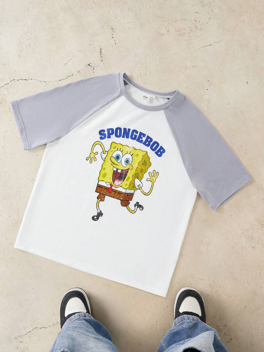 SpongeBob SquarePants | SHEIN Tween Boy Colorblock Cartoon Letter Print T-Shirt - White - View 1