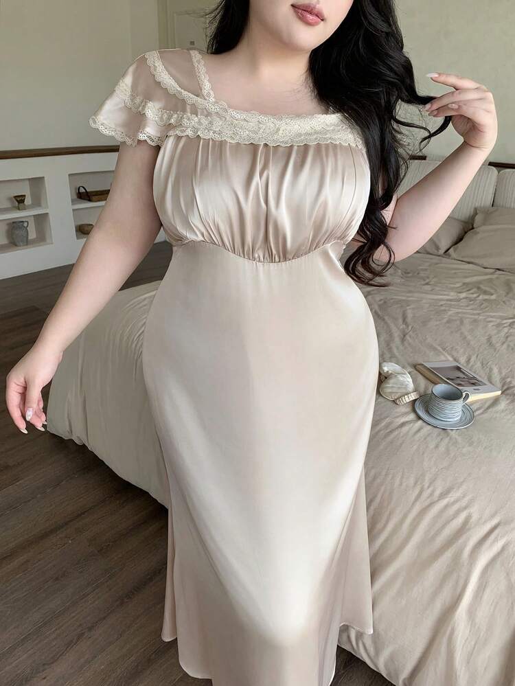 Dazy Plus Plus Size Women Contrast Lace Ruffle Elegant Nightgown