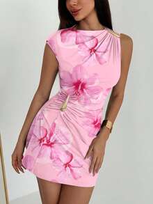 Aloruh Metal Decor Ruched Umbrella Floral Print Cap Sleeve Mini Skirt - Pink - View 4