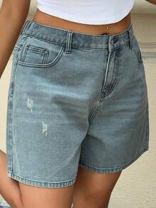Dazy Plus Quần jeans ống đứng ngắn lửng màu xanh dương bạc màu, phong cách đường phố, cỡ lớn dành cho nữ, mùa xuân/hè. - Rửa nhẹ - Xem 5