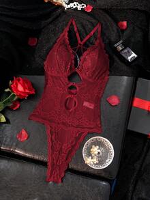 Seduluxe 一件蕾丝撞色网纱无钢圈性感连体衣（女士款） - 酒紅色 - 查看 3