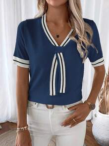 EMERY ROSE Women's Fashionable Versatile Striped Contrast Color Short Sleeve Knit Top Brunch Navy Blue And White Summer Coastal - Royal Blue - View 3