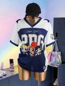 THE POWERPUFF GIRLS X SHEIN Áo thun nữ kiểu dáng thường ngày, in chữ và hoạt hình, đa năng, thích hợp mặc hàng ngày. - Màu xanh hải quân - Xem 1