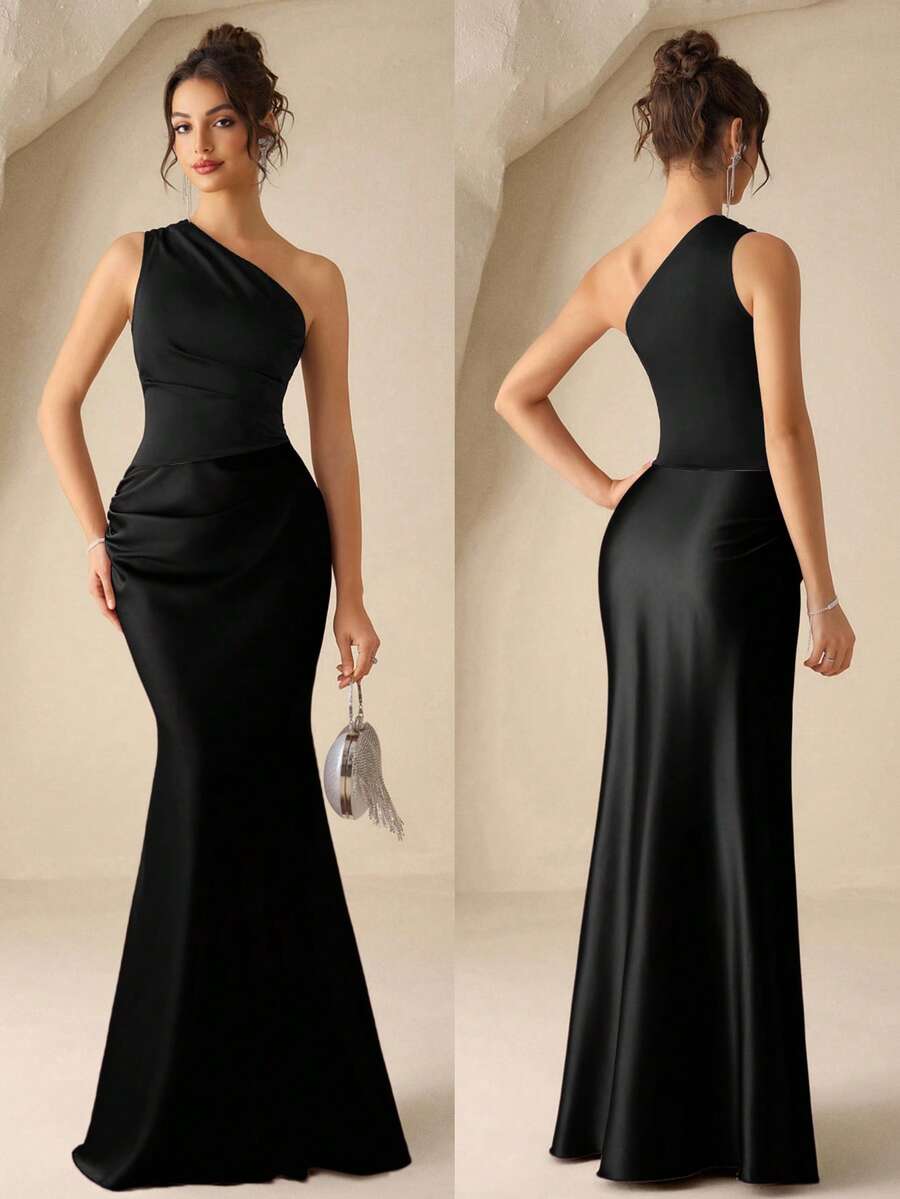 Coutiva Solid Color Ruffle Hem Elegant Bridesmaid Dress (Adult) Formal Wedding Guest Black Spring - Black - View 1