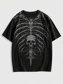 ROMWE MEN Goth Áo thun nam tay ngắn cổ tròn in hình đầu lâu, kiểu dáng thường ngày. - màu đen - Xem 3