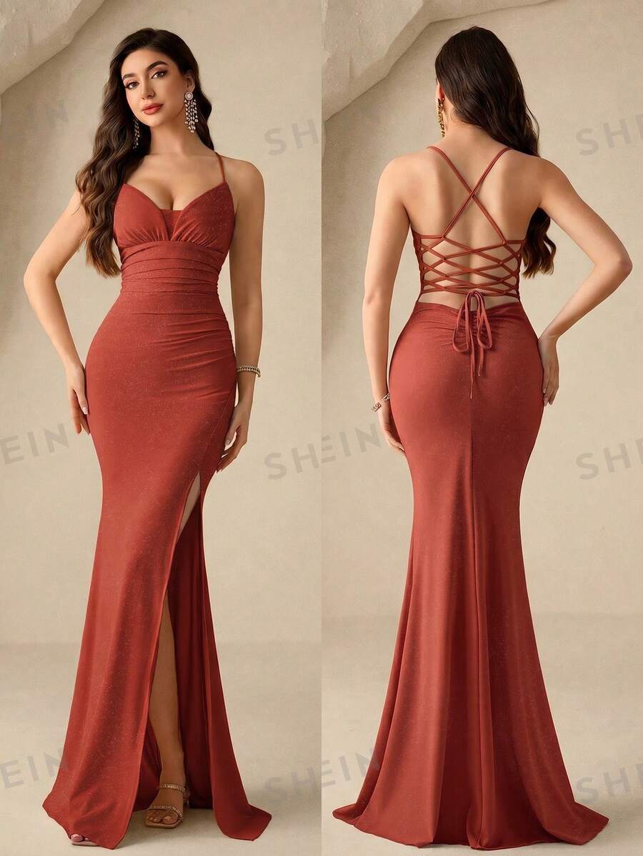 Coutiva 女士纯色简约吊带正式晚礼服 - 橘色 - 查看 1