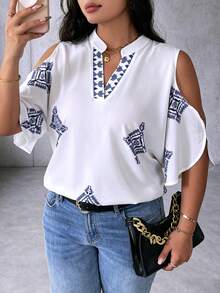 EMERY ROSE Áo kiểu nữ cổ chữ V tay raglan in hình thoi - trắng - Xem 3