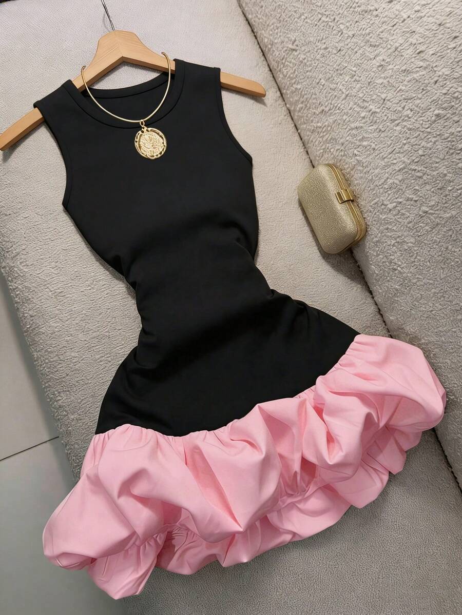 GlowEve 女士撞色泡泡下摆针织连衣裙,收腰设计,优雅修身A字廓形,适合婚礼等场合 - 粉色 - 查看 1