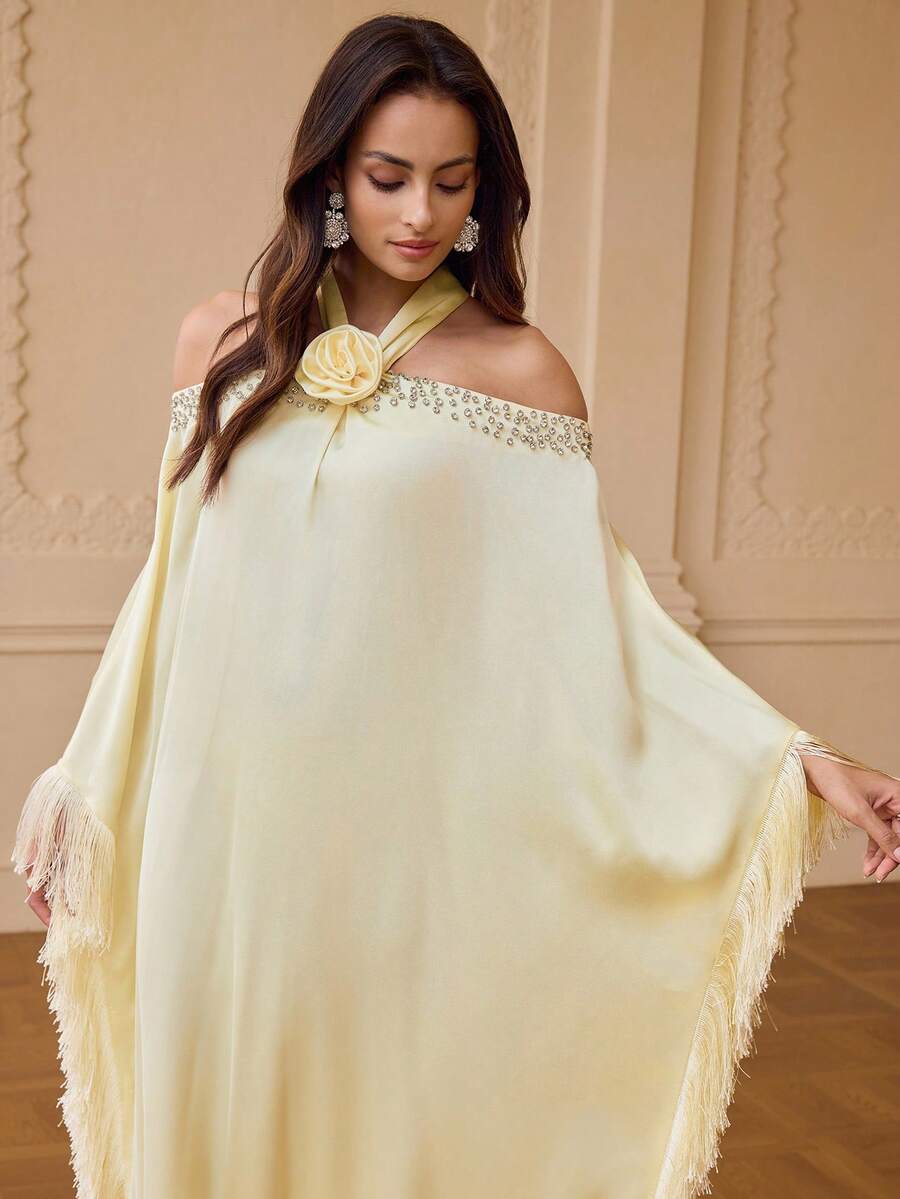 ZEYLAH Abito da donna con spalle scoperte, decorato con strass e fiori 3D - Giallo - Visualizzare 1