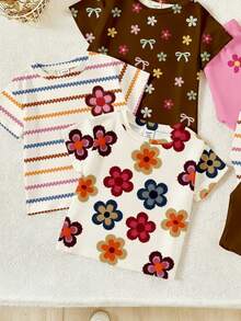 3pcs/Set Baby Girls' Casual Cute Floral, Leopard Bow, And Minimalist Letter Print Short Sleeve Round Neck T-Shirt And Matching Shorts Set, Suitable For Spring To Summer Outings And Vacations - Multicolor - View 5