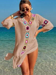 Swim Lushoire Gaun Wanita Model V-Neck Lengan 3/4 Rajutan Bunga Warna Acak Belahan Samping Longgar - Khaki - View 4