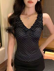 DAZY Women's Polka Dot Print Ruched V-Neck Sleeveless Casual Tank Top, Summer - Black - View 3