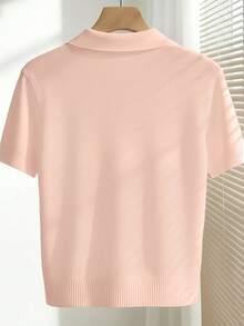 Franclia Women's Spring/Summer White Simple Casual Turndown Collar Raglan Short Sleeve Solid Color Fitted Knit Top, Plus Size - Pink - View 2