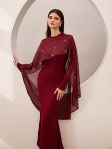 Graceveil Bộ 2 món thanh lịch gồm áo choàng poncho bất đối xứng thêu sequin màu đỏ tía và váy đuôi cá màu đỏ tía. - Màu Đỏ Sâu - Xem 1