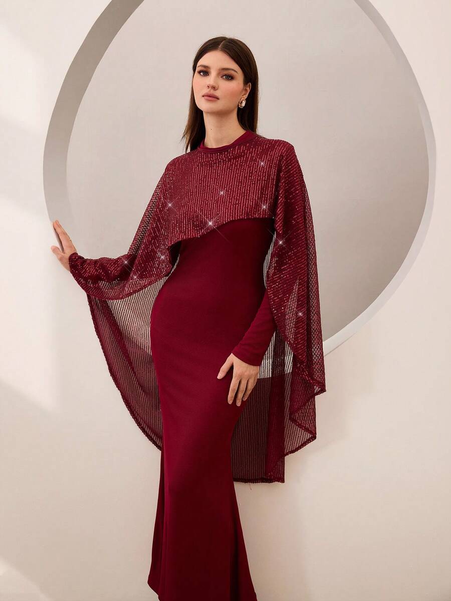 Graceveil Bộ 2 món thanh lịch gồm áo choàng poncho bất đối xứng thêu sequin màu đỏ tía và váy đuôi cá màu đỏ tía. - Màu Đỏ Sâu - Xem 1