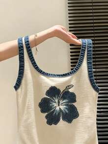 Resyla 女士背心/仿牛仔撞色上衣/复古上衣/印花/女士休闲圆领时尚上衣/夏季 - 彩色 - 查看 3