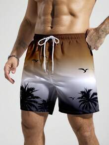 Manfinity KASUA Men's Ombre Graphic Print Slant Pocket Drawstring Waist Beach Shorts, Holiday - Coffee Brown - View 5