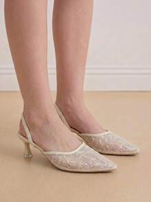 Eladyva Dép bít mũi cao gót màu trắng kiểu Trung Quốc mới, sandal đế xuồng mũi nhọn thêu ren có thể tháo rời dành cho nữ, trang phục mùa hè. - Màu be - Xem 5