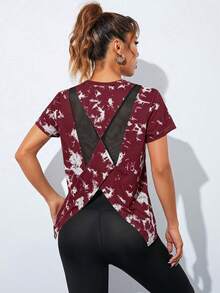 SHEIN Sports 女士扎染撞色网眼短袖运动T恤 - 酒紅色 - 查看 2