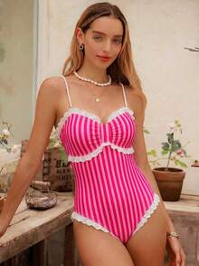Swim Mod Women's Summer Beach Vacation Colorblock Striped Print Floral Trim Pearl Strap One-Piece Swimsuit - Pink - View 3