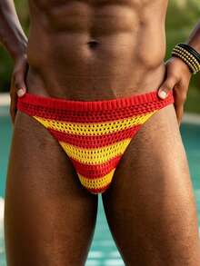 Manfinity Swimmode 男士条纹镂空泳裤，适合海滩和度假 - 黃色 - 查看 4
