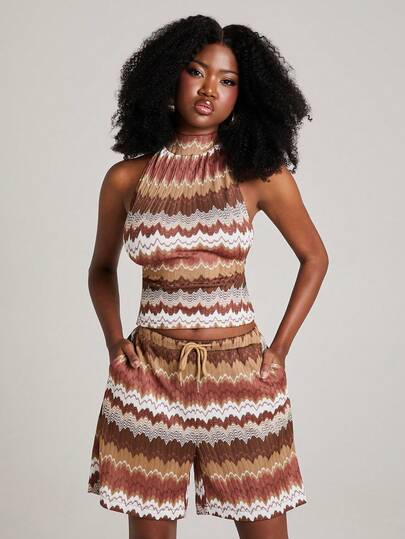 NYA SZN Women's Summer Beach Vacation Contrast Color Drawstring Waist Slant Pocket Loose Shorts