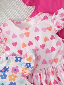 Elladie kids 3件組女童幼兒卡通花卉格紋短袖洋裝，夏季新娘生日彩虹粉仙女公主風 - 粉色 - 查看 3