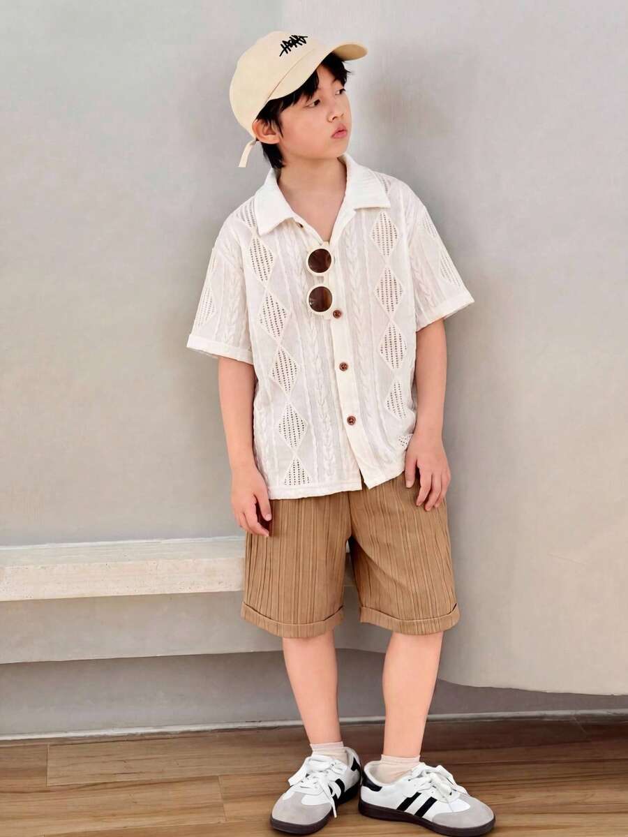SHEIN Set de 2 piezas de camisa de manga corta con botones y cuello jacquard holgada + pantalones cortos lisos para niños/preadolescentes, adecuado para la escuela, el jardín, la playa, el cumpleaños, primavera/verano/otoño/invierno