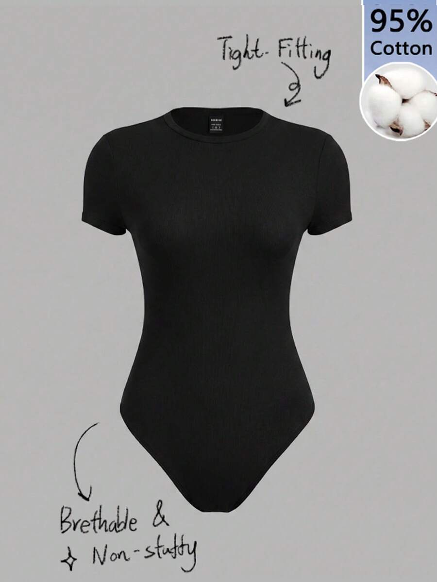 SHEIN BASICS 女款 95% 棉休閒端莊基礎極簡黑色針織圓領短袖連身衣,適合夏季日常、日間、辦公室與居家休閒穿著 - 黑色 - 查看 1