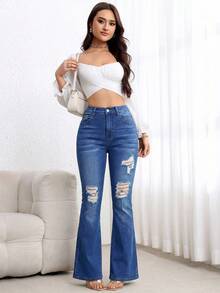 Pantalones vaqueros casuales de color liso, adecuados para el verano, pantalones vaqueros acampanados negros, pantalones vaqueros negros para mujer, pantalones vaqueros acampanados de - Azul 4 - Ver 3