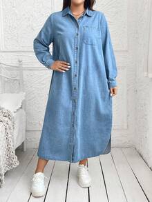 SHEIN Lady Robe en jean à manches longues grande taille, bleu - Jean clair - Voir 3