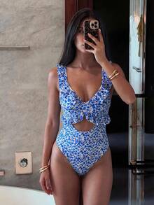 Costavie Nuevo traje de baño de una pieza con estampado floral azul aleatorio, tirantes ajustables, escote en V y diseño lindo para vacaciones, para mujeres, Primavera/Verano 2026 - Azul - Ver 5