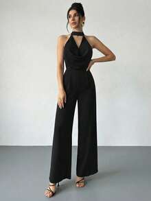 Firerie Women's Elegant Romantic Date Sexy Deep Draped Neck Backless Waist Flared Leg Jumpsuit, Suitable For Gala, Birthday, Party Dress - Black - View 3