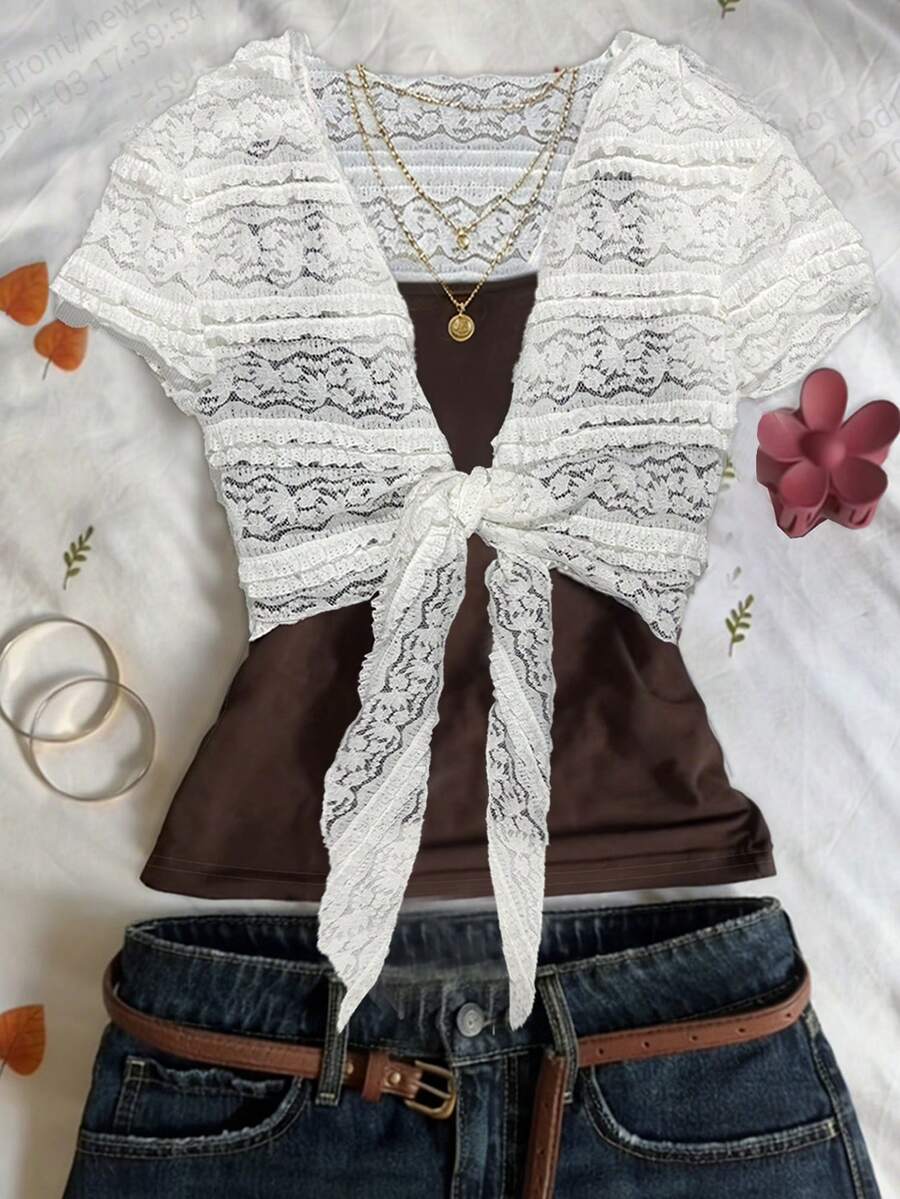 Franclia Conjunto de chal corto con lazada de encaje retro francés y camiseta ajustada - Multicolor - Ver 1