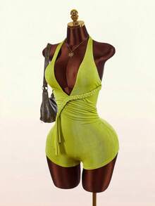 Bộ jumpsuit nữ mùa hè mới về, cổ chữ V sâu, thiết kế dây buộc gợi cảm. - màu xanh lá - Xem 3