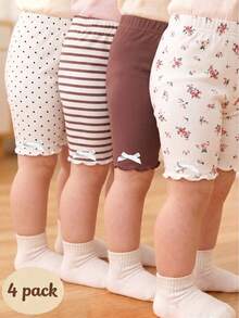SHEIN Vintaside Kids 女婴四件套休闲百搭可爱短裤套装，夏季 - 棕色 - 查看 1