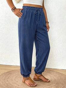 SHEIN Frenchy Plus Size Women Striped Drawstring Waist Harem Pants Fall - Multicolor - View 5