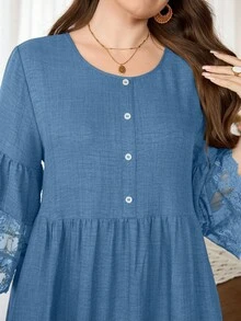 Lacomfia Plus Size Women Vintage Floral Lace Patchwork A-Line Dress Fall - Dusty Blue - View 4