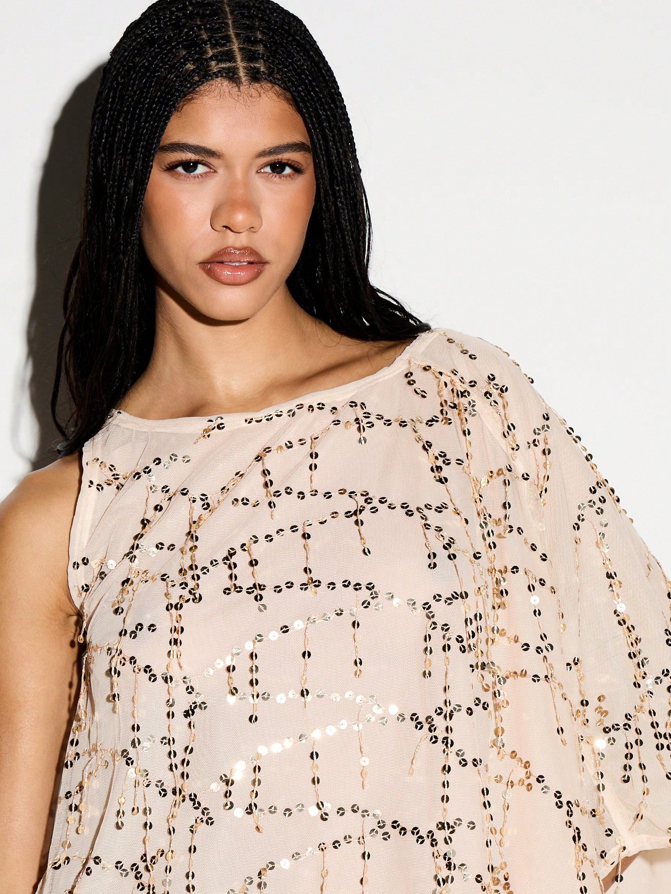 Sequin Cape Shoulder Mini Dress With Tassel Detail