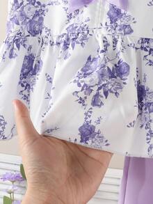 SHEIN Vintaside Kids 女童夏季新款碎花两件套，紫色蝴蝶结装饰无袖上衣+配套阔腿裤，甜美可爱休闲装，夏季 - 紫色 - 查看 4