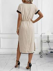 Editum Đầm midi nữ cổ tròn phối màu tương phản bằng cotton, xẻ tà. - Màu be - Xem 2