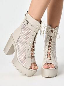 ROMWE Fairycore Women Heeled Sandals~ 2026 New Fashion Spring And Autumn Jazz Dance High Heels Peep Toe Sandals Women Thick Heel Hollow Ankle Boots Lace Up Thick Heel Dance Cool Boots Women Y2K - Khaki - View 1