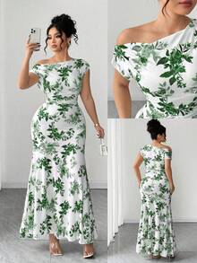 Celure Đầm nữ cỡ lớn thanh lịch, họa tiết hoa, eo bất đối xứng, dáng đuôi cá, thích hợp cho ngày Valentine. - màu xanh lá - Xem 1