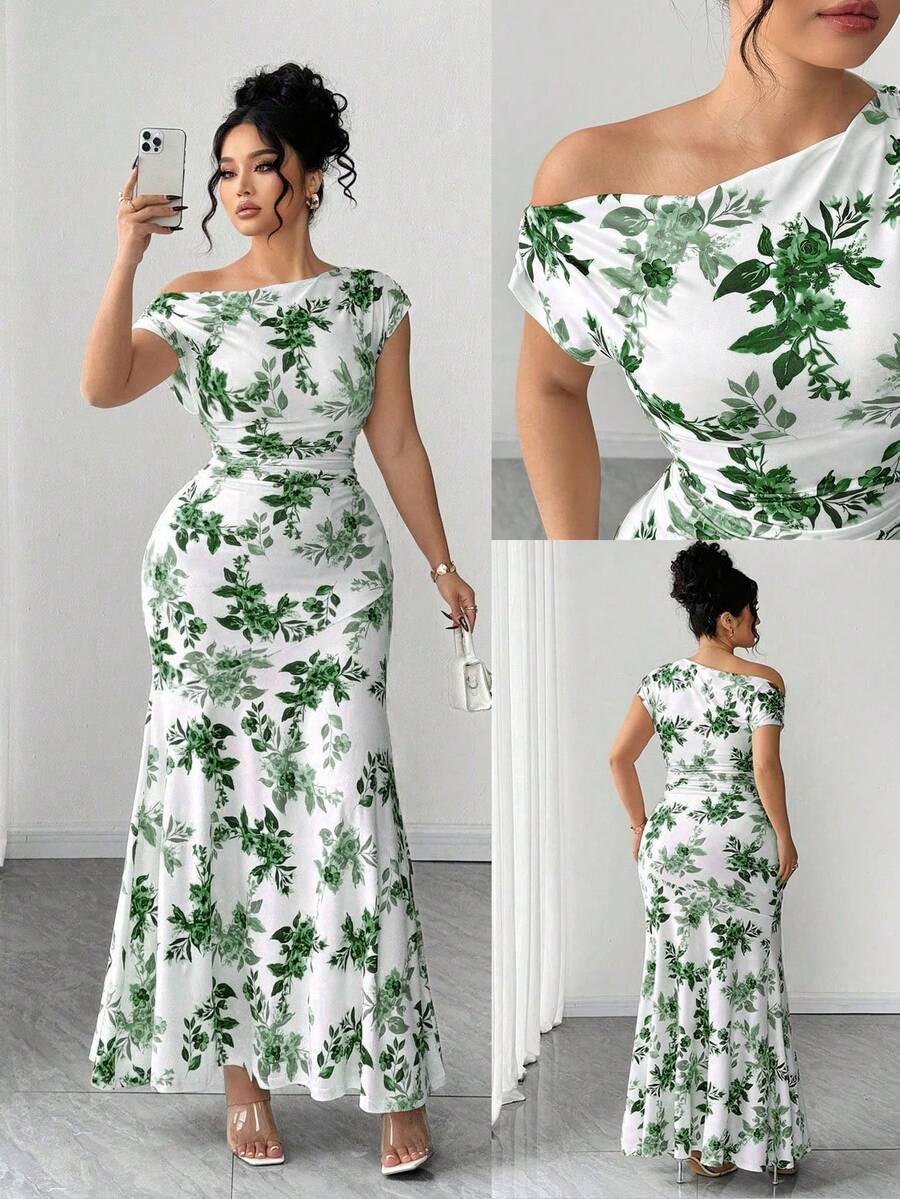 Celure Đầm nữ cỡ lớn thanh lịch, họa tiết hoa, eo bất đối xứng, dáng đuôi cá, thích hợp cho ngày Valentine. - màu xanh lá - Xem 1