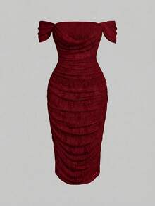 SHEIN MOD Plus Size Women's Off Shoulder Ruffle Lace Elegant Waist Cinching Cocktail Party Dress - Burgundy - View 2