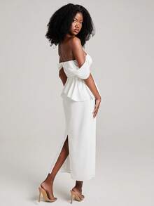 NYA SZN Dress Off Shoulder Sweatheart Padded Fitted Draped Detail Short Flutter Sleeve Hardware White Shower Outfits For Women Day Party Summer Elegant - White - View 2