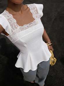 Modelyn White Floral Square Collar Lace Patchwork Textured Open Back Slim Fit Elegant Romantic Sexy Blouse For Women Garden Party Tea Party Wedding Summer - White - View 5