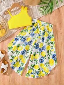 SHEIN Young Girl Vacation Solid Color Asymmetric Neck Camisole And Lemon Print Wide Leg Pants Set - Yellow - View 2