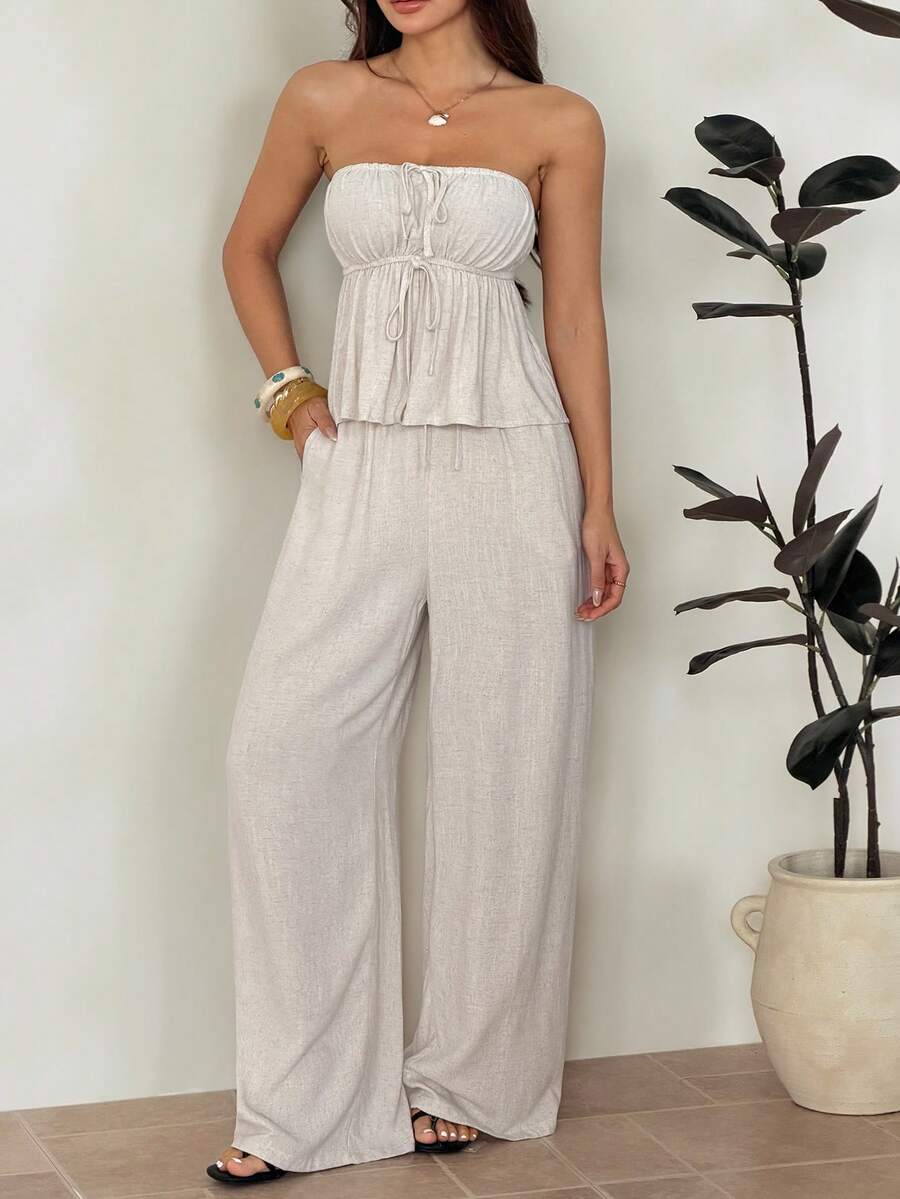 SHEIN PETITE Bộ 2 món áo không tay và quần dài cho nữ, màu trơn, kiểu dáng tối giản, thích hợp cho mùa hè. - Màu be - Xem 1